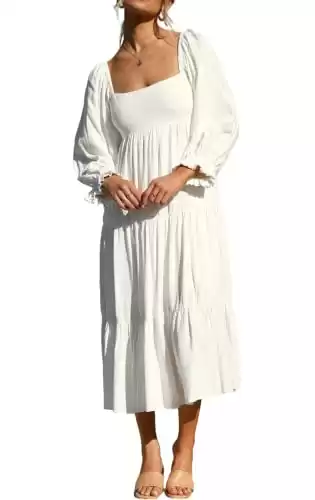 R.Vivimos Women's Fall Cotton Lantern Long Sleeve Square Neck Casual Backless Boho Midi Dress (Small, White)