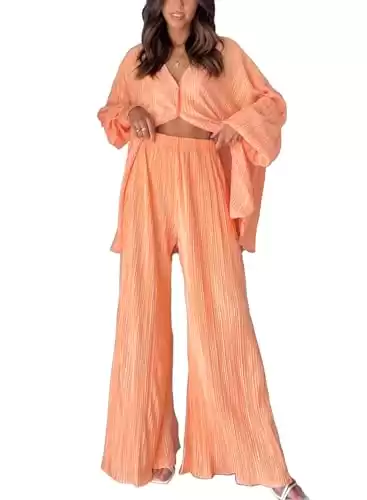 ONIRIKE Womens Loungewear Set 2 Piece Sweatsuits Outfits Casual Pleated Long Sleeve Button Down Shirt and Palazzo Pants Orange S