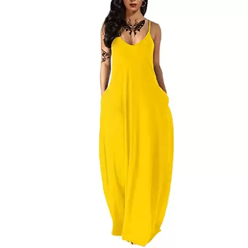 Fussangshu Women's Summer Maxi Dress Long Dress Casual Boho Sleeveless Strap Smocked Tiered Long Beach Sun Dresses B-Yellow