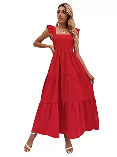 MakeMeChic Women's Summer Boho Dress Floral Print Spaghetti Strap Square Neck Shirred Maxi Dress Beach Sun Dress Solid Red XS