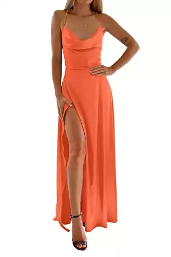 PRETTYGARDEN Women Summer Sexy Cowl Neck Spaghetti Strap Sleeveless Long Satin Dress Slit Club Slip Maxi Dresses 2023(Solid Orange,Small)