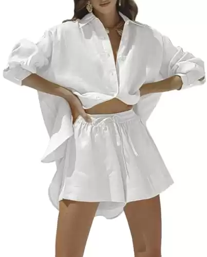 Fixmatti Women 2 Piece Outfit Linen Set Lounge Tracksuit Long Sleeve Button Shirts and Shorts White M