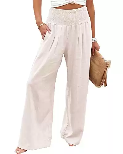 Vansha Women Summer High Waisted Cotton Linen Palazzo Pants Wide Leg Long Lounge Pant Trousers with Pocket White S