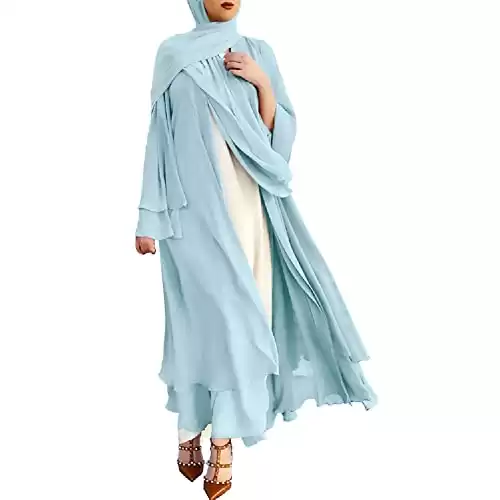 Abayas For Women Muslim Long Sleeve Chiffon Maxi Cardigan Dress+Hijab Soild Color Turkey Kaftan Full Length Modest Robe Casual Islamic Clothes Loose Dubai Cover Up Dress Light Blue XX-Large