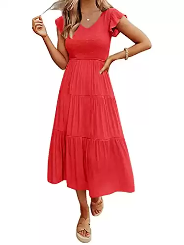 MEROKEETY Women's Flutter Sleeve Smocked Midi Dress V Neck Casual Tiered Dresses with Pockets,Watermelon,L