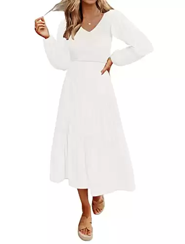 MEROKEETY Women's Casual Long Sleeve Smocked Dress V Neck High Waist Ruffle Tiered Midi Dresses,White,L