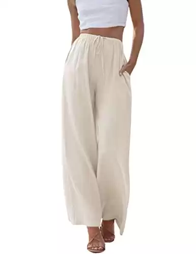 Hooever Women's Wide Leg Cotton Linen Pants High Waist Adjustable Tie Knot Lounge Trousers(Apricot-L)