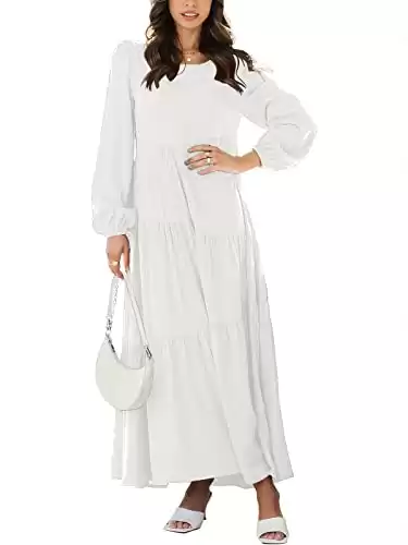 ANRABESS Women’s Boho Casual Loose Puff Long Sleeve Crewneck Asymmetric Tiered Beach Maxi Long Dress 596bai-S White