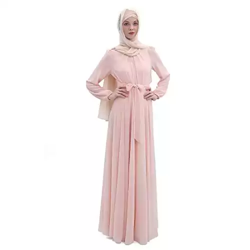BooW Women's Chiffon Kaftan Abaya Dress Muslim Long Sleeve Self Tie Flowy Maxi Dress Islamic Evening Gown (20243-Pink, L)