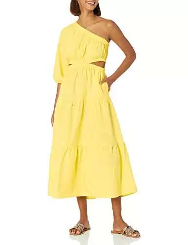 The Drop Women's April One Shoulder Cut-Out Tiered Midi Dress, Lemon, XXS