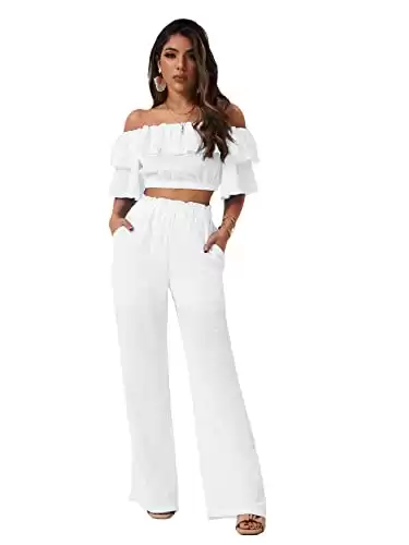 Romwe Women's 2 Piece Outfit Off The Shoulder Crop Top Wide Leg Pants Set White XS