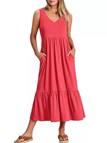 ANRABESS Women's Summer Casual Sleeveless V Neck Swing Dress Casual Flowy Tiered Maxi Beach Dress with Pockets A972-guohong-S