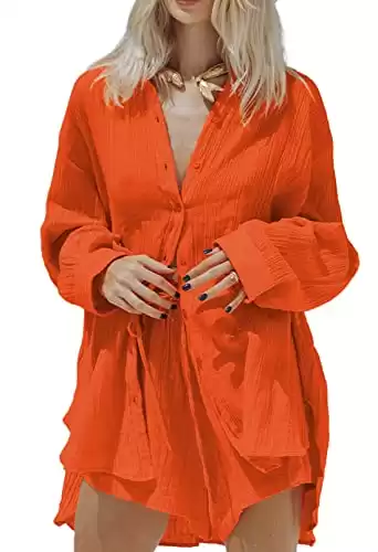 HAPCOPE Women's Two Piece Sets Long Sleeve Blouse Shirt High Waisted Drawstring Shorts Set Orange XL