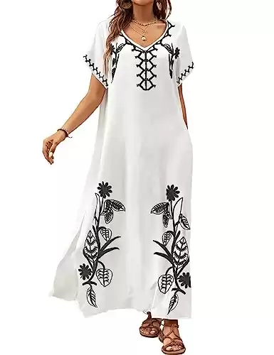 Bsubseach Kaftan Dresses for Women Swimsuit Coverup Beach Caftans Cover Ups for Swimwear Loungewear Floral Embroidery White