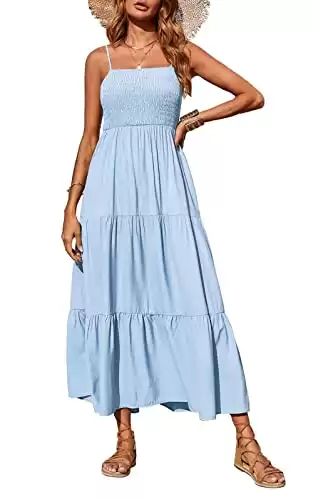 PRETTYGARDEN Women's Summer Maxi Dress Casual Boho Sleeveless Spaghetti Strap Smocked Tiered Long Beach Sun Dresses Blue