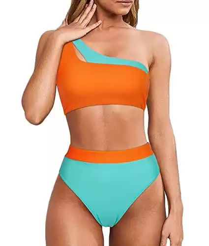 MOOSLOVER Women Cutout One Shoulder High Waisted Bikini High Cut Two Piece Swimsuits(S,Orange Blue-15)