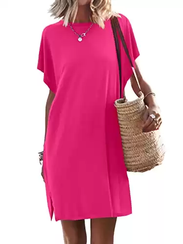 ANRABESS Women’s Summer Short Sleeve T-Shirt Dress Casual Loose Oversized Slit Mini Dress Beach Cover Up Tunic 2023 Fashion Cute Boyfriend Top 892meihong-S Hot Pink