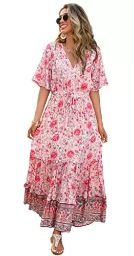 R.Vivimos Womens Summer Cotton Short Sleeve V Neck Floral Print Casual Bohemian Midi Dresses (Small, Pink-Floral)