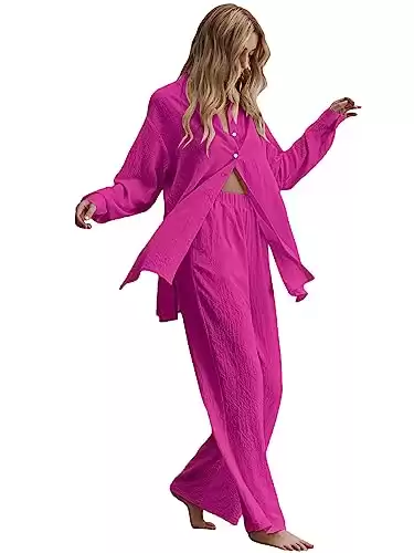 Floerns Women's 2 Piece Outfits Slit Hem Longline Blouse and Wide Leg Pants Set A Hot Pink XS