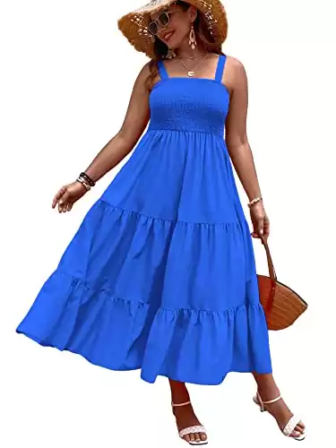MakeMeChic Women's Plus Size Summer Boho Dress Floral Print Spaghetti Strap Square Neck Shirred Maxi Dress Beach Sun Dress Plus Royal Blue 0XL