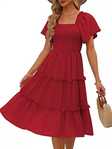 LILLUSORY Women Red Summer Dresses 2023 Casual Trendy Short Sleeve Square Neck Smocked Tiered Swing Babydoll Midi Dress