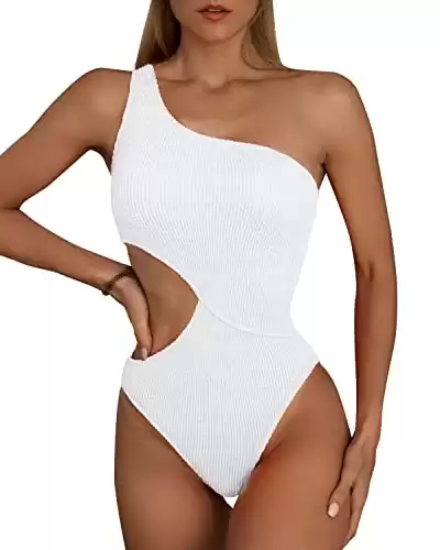 Limeeke Women's Sexy Cutout One Piece Swimsuit One Shoulder Swimwear Ribbed Monokini Bathing Suit White S