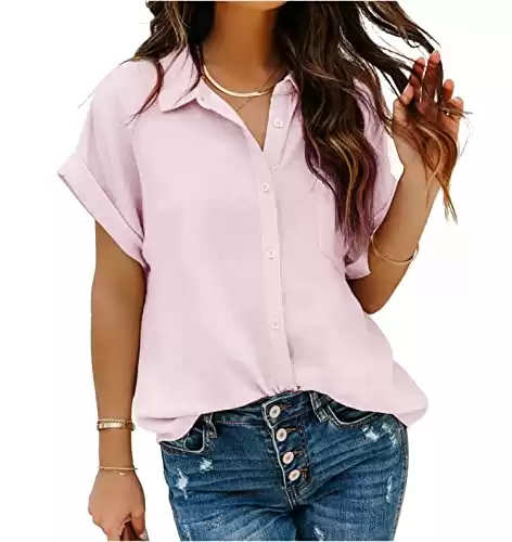 Women's Button Down Shirts Casual Short Sleeve Business Work Blouse Tops V Neck Pink