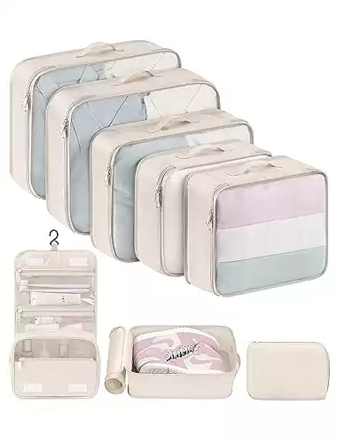 Packing Cubes with Large Toiletries Bag, 8pcs (Beige)