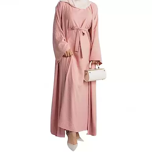 2PCS Women's Muslim Dresses Abaya Islamic Dubai Prayer Dress Robe Long Cardigan Maxi Dress Pink