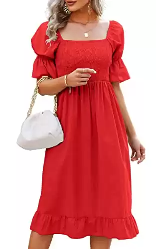 Angashion Women Square Neck Dress Solid Short Puff Sleeve Smocked Waist Knee Length Ruffle Summer Midi Dresses New Red Small