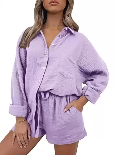 AUTOMET Womens Fashion 2 Piece Outfits For Women Lounge Sets Pajama Sets Two Piece Button Down Oversized Shirts Fall Outfits 2023