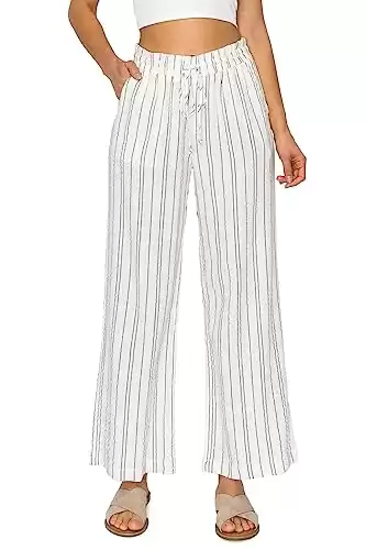 Cali1850 Women's Casual Linen Pants - Oceanside Drawstring Smocked Waist Lounge Beach Trousers with Pockets 51114JLN416_BLU L