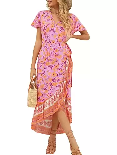 ZESICA Women's Summer Bohemian Floral Printed Wrap V Neck Beach Party Flowy Ruffle Midi Dress,PinkPurple,X-Large