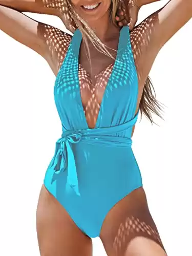 CUPSHE One Piece Swimsuit for Women Bathing Suit Sexy Deep V Neck Wrap Tie Cross Back, XS Dodger Blue