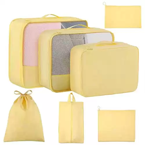 Packing Cubes with Shoe Bag and Toiletry Bag, 7pcs (Yellow)