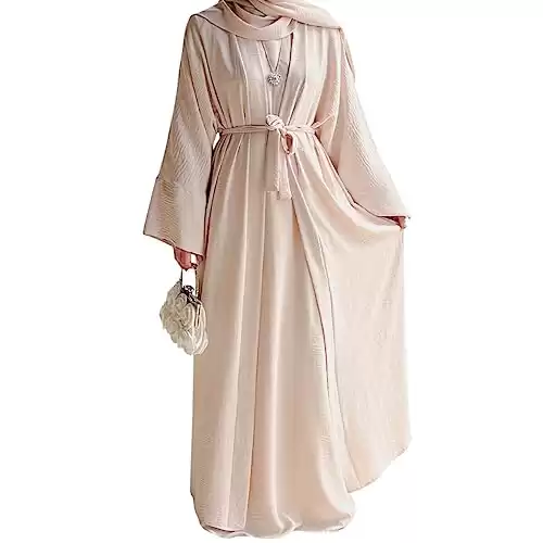 2PCS Women's Muslim Dresses Abaya Islamic Dubai Prayer Dress Robe Long Cardigan Maxi Dress Beige