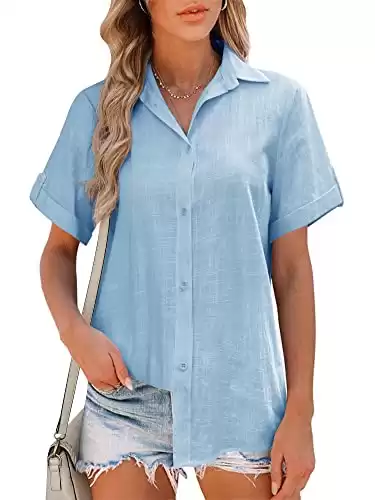HOTOUCH Linen Button Down Women Light Blue Blouse Cotton Short Sleeve Button Up Tops Fashion Casual Shirt(Light Blue XL)