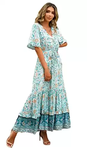 R.Vivimos Womens Summer Cotton Short Sleeve V Neck Floral Print Casual Bohemian Midi Dresses (Small, BlueTurquoise-Floral)