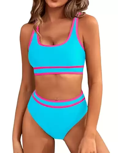 BMJL Women's High Waisted Bikini Sets Sporty Two Piece Swimsuit Color Block Cheeky High Cut Bathing Suits(XL,Sky Blue)
