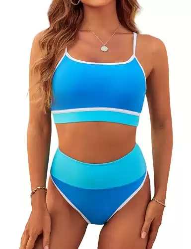 BMJL Women High Waisted Bikini Sets High Cut Athletic Swimsuits Color Block Two Piece Bathing Suits (Medium, Blue)