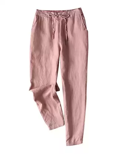 IXIMO Women's Tapered Pants 100% Linen Drawstring Back Elastic Waist Pants Trousers with Pockets Pink S