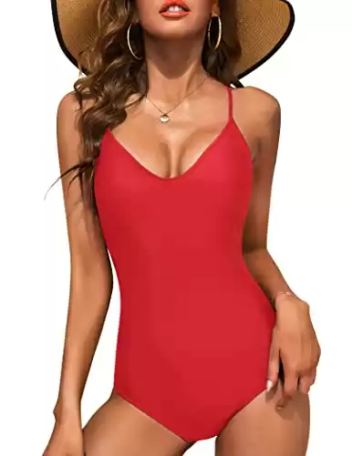 Ekouaer Womens One Piece Swimwear, V Neck Bathing Suit, Tummy Control Monokini, Sexy Cross Backless Swimming Suits, Medium, Red