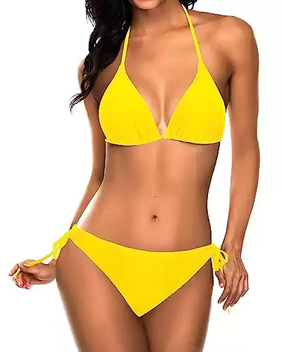 Tempt Me Women Deep Yellow Triangle Bikini Sets Halter Two Piece Sexy Swimsuit String Tie Side Bathing Suit M