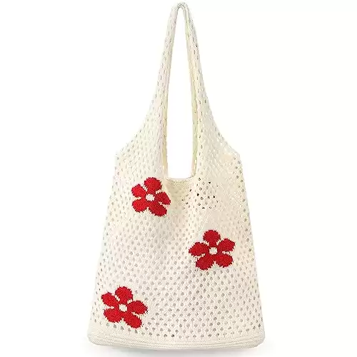 hatisan Crochet Bags for Women Summer Beach Tote Bag Aesthetic Tote Bag Hippie Bag Knit Bag (White)