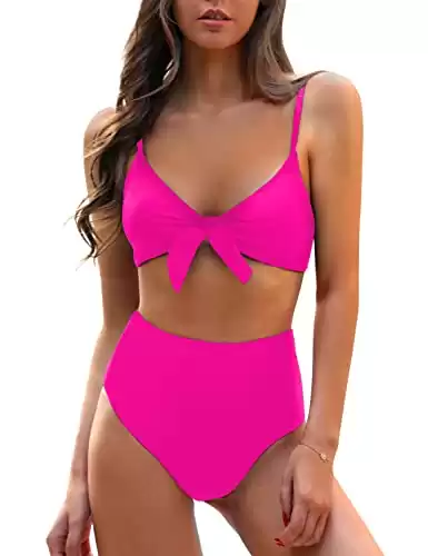 Blooming Jelly Womens High Waisted Bikini Set Tie Knot High Rise Two Piece Swimsuits Bathing Suits (Large, Neon Hot Pink)