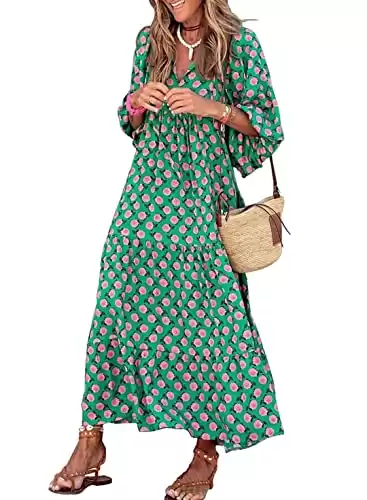 miduo Womens Dresses Fashion Summer V Neck Half Sleeve Bohemian Floral Pattern Maxi Long Dresses Boho Flowy Dresses Green S