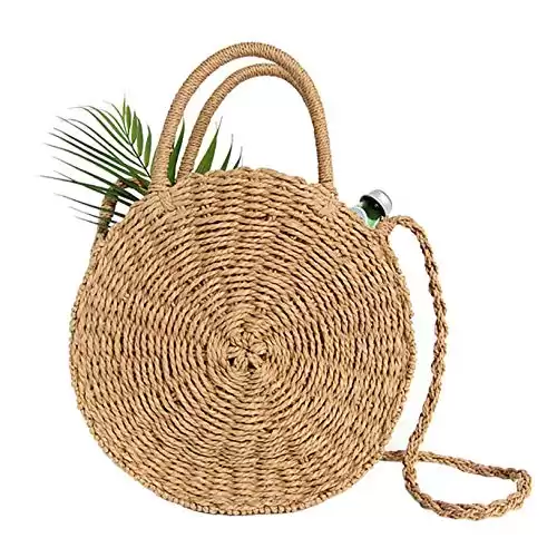 Teeya Straw Crossbody Bag Women Weave Shoulder Bag Round Summer Beach Purse and Handbags, Khaki, Medium
