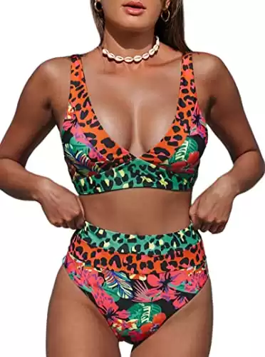 Hilinker Women's Leopard Bikini Swimsuits V Neck High Waisted 2 Piece Bathing Suits Coral Large