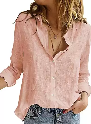 Astylish Womens Long Sleeve V Neck Solid Linen Blouses Button Down Shirts Tops Work Clothes for Women Office Pink Medium