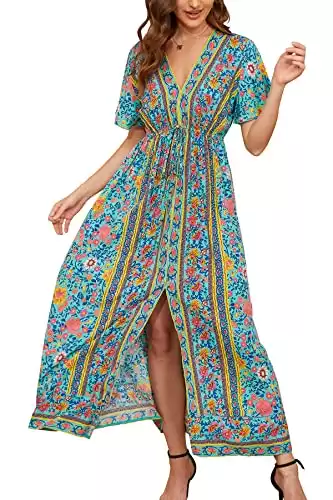 Women's Boho Floral Dress Side Split V Neck Ruffle Short Sleeve Summer Belted Maxi Dress（Green,M